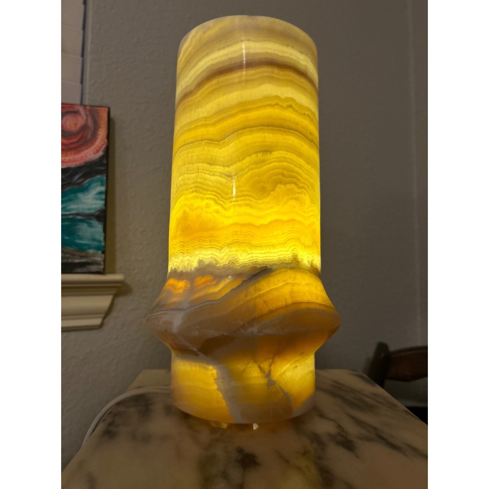 Vintage Natural Banded Onyx Cylinder Table Lamp Amber Stone 12in Good Condition